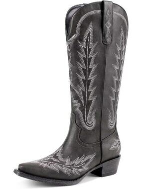 Women's Black Knee High Cowgirl Boots Wide Calf Retro Chunky Heel Pointed Toe